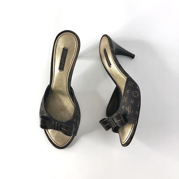 Vintage Louis Vuitton Monogram Bow Dark Brown Slip On Mule Sandals 39 - Picture 1 of 8